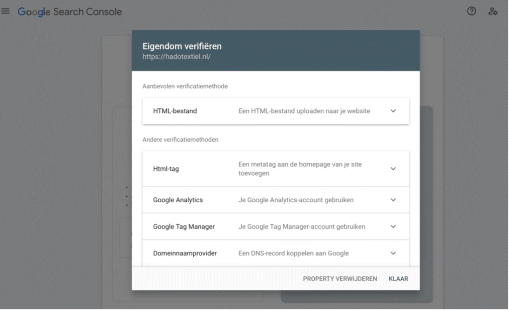 Google search console uitleg: een verificatiemethode kiezen