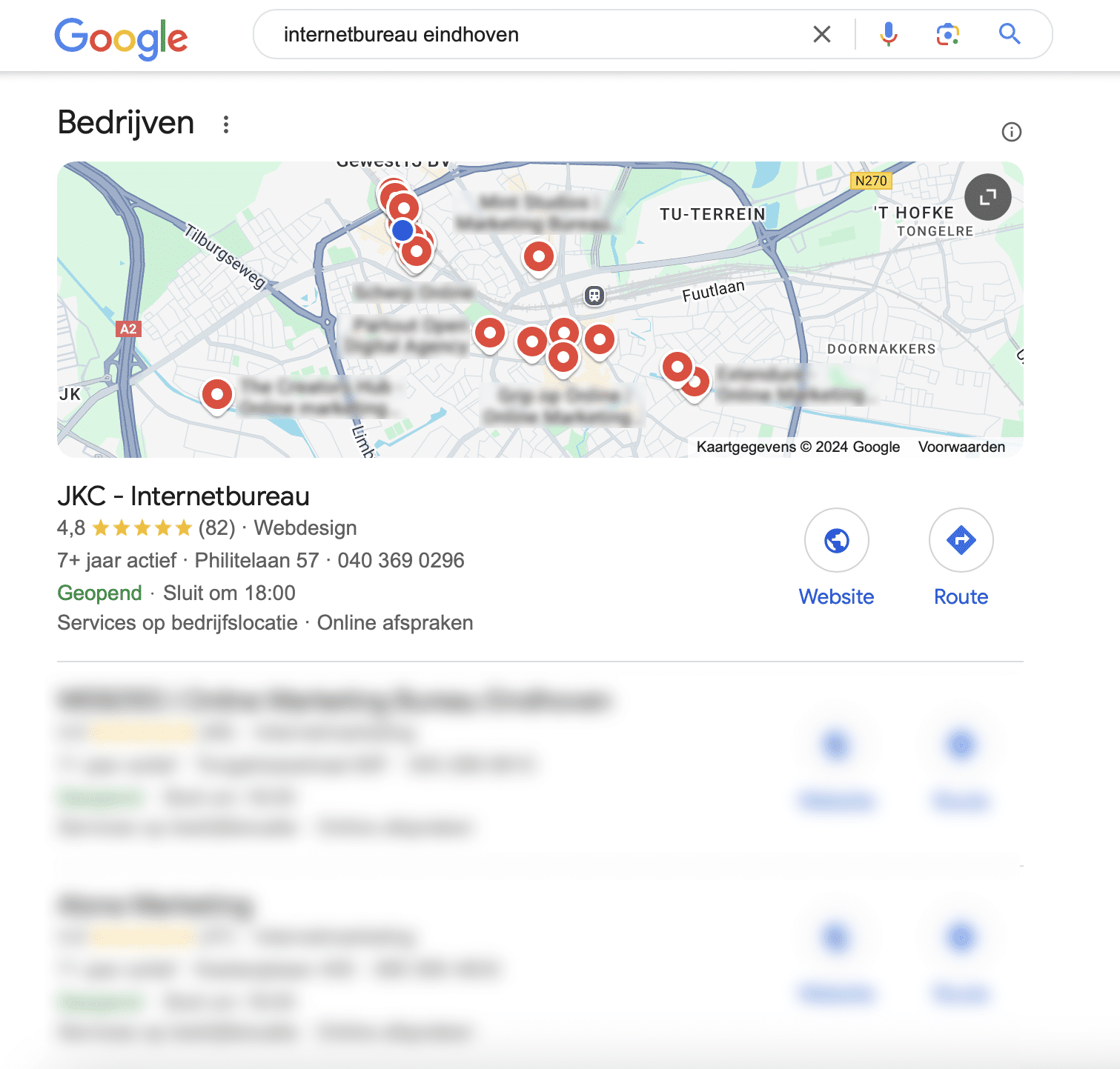 Search engine results for the keyword internetbureau Eindhoven, local SEO tips, JKC Media