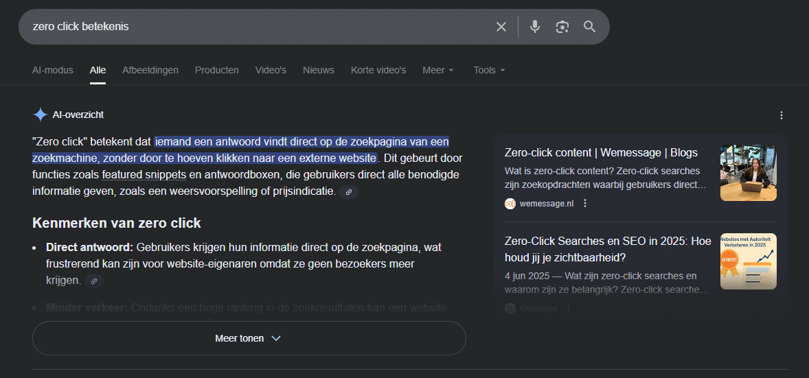 Example of a zero-click search result in Google