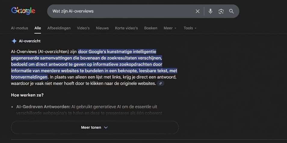 Visualization of AI search results in Google