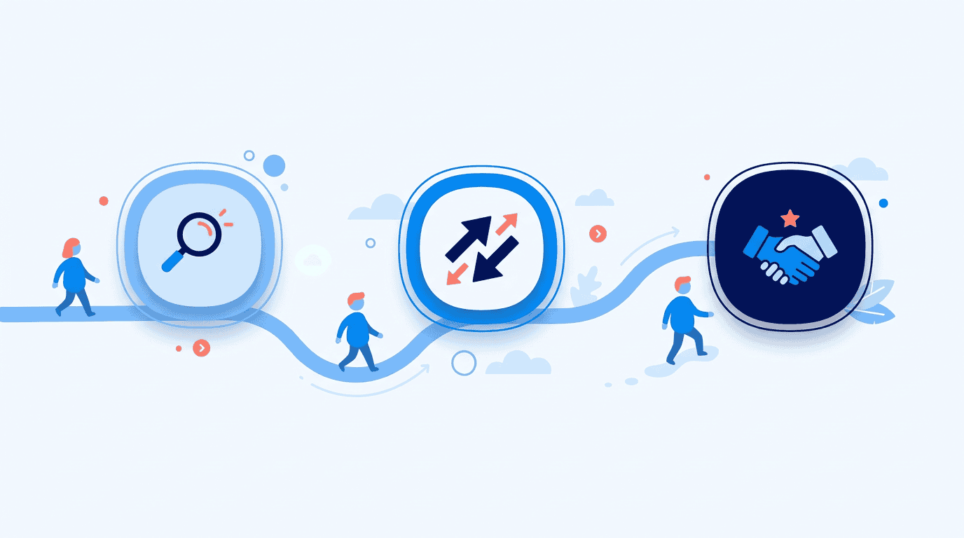 Illustration: the customer journey in three stages, awareness, consideration and decision