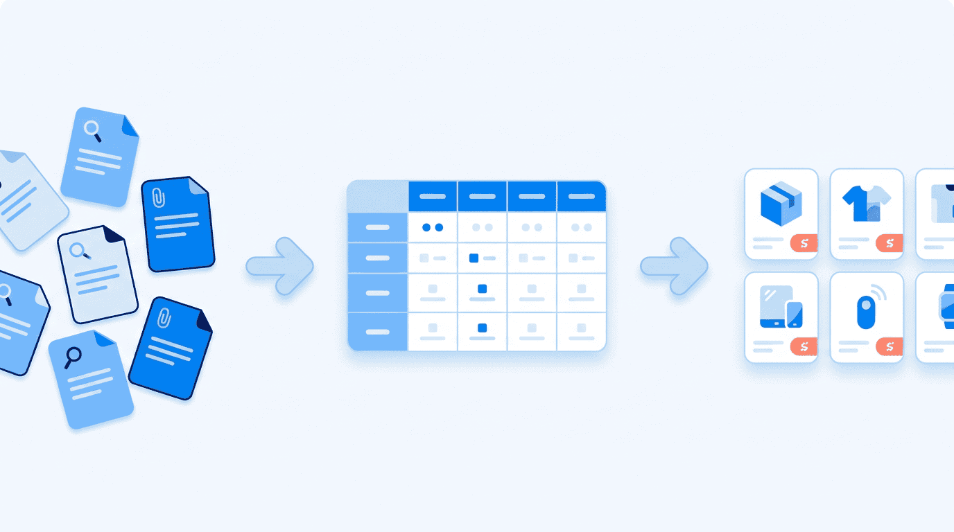 Illustration: from separate information pages via a structured table to clean product pages