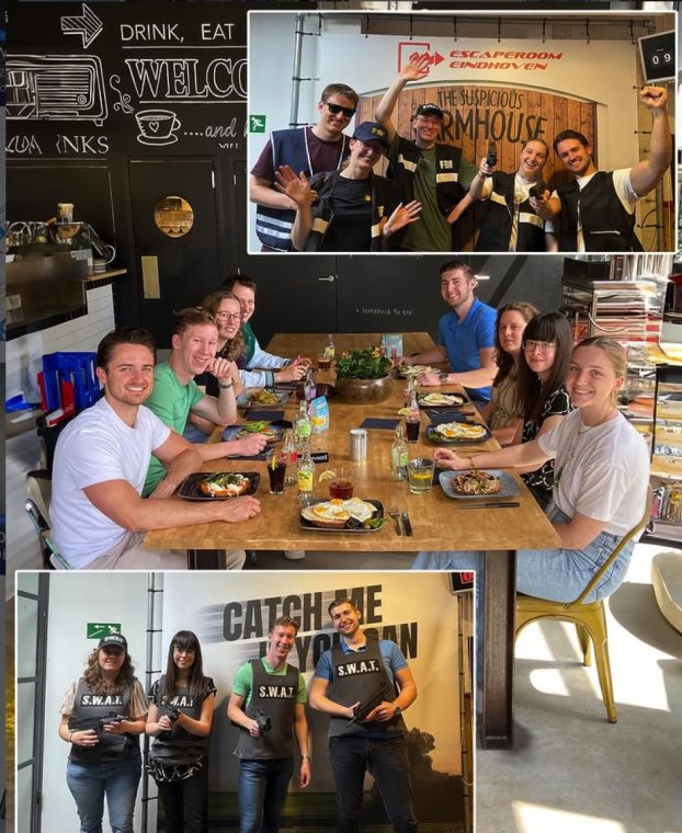 Het JKC-team bij Escaperoom Eindhoven en tijdens de lunch op het zomersetentje