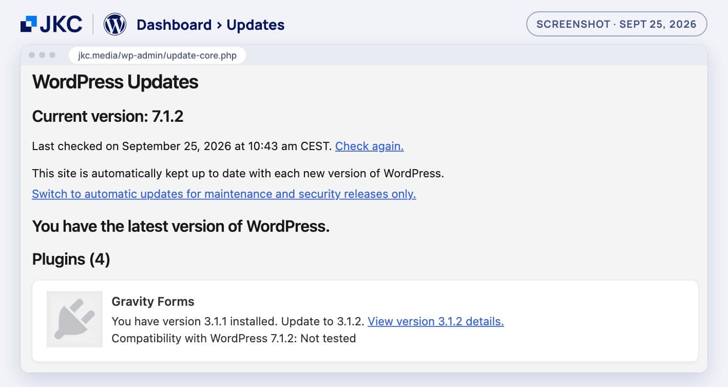 WordPress 7 update screen on jkc.media showing version 7.1.2 and a plugin update marked Not tested