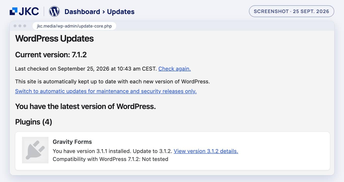 Updatescherm van WordPress 7 op jkc.media met versie 7.1.2 en een plugin-update die nog niet getest is